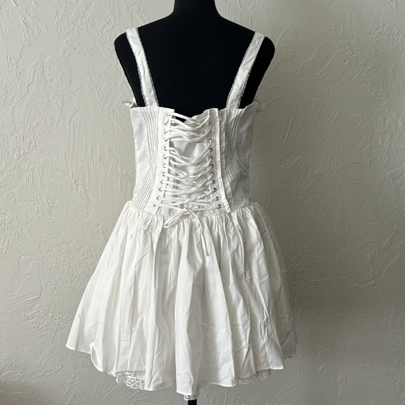 NWT white mini coquette corset lace up lace puff waist brassiere top w bow dress - Picture 6 of 8